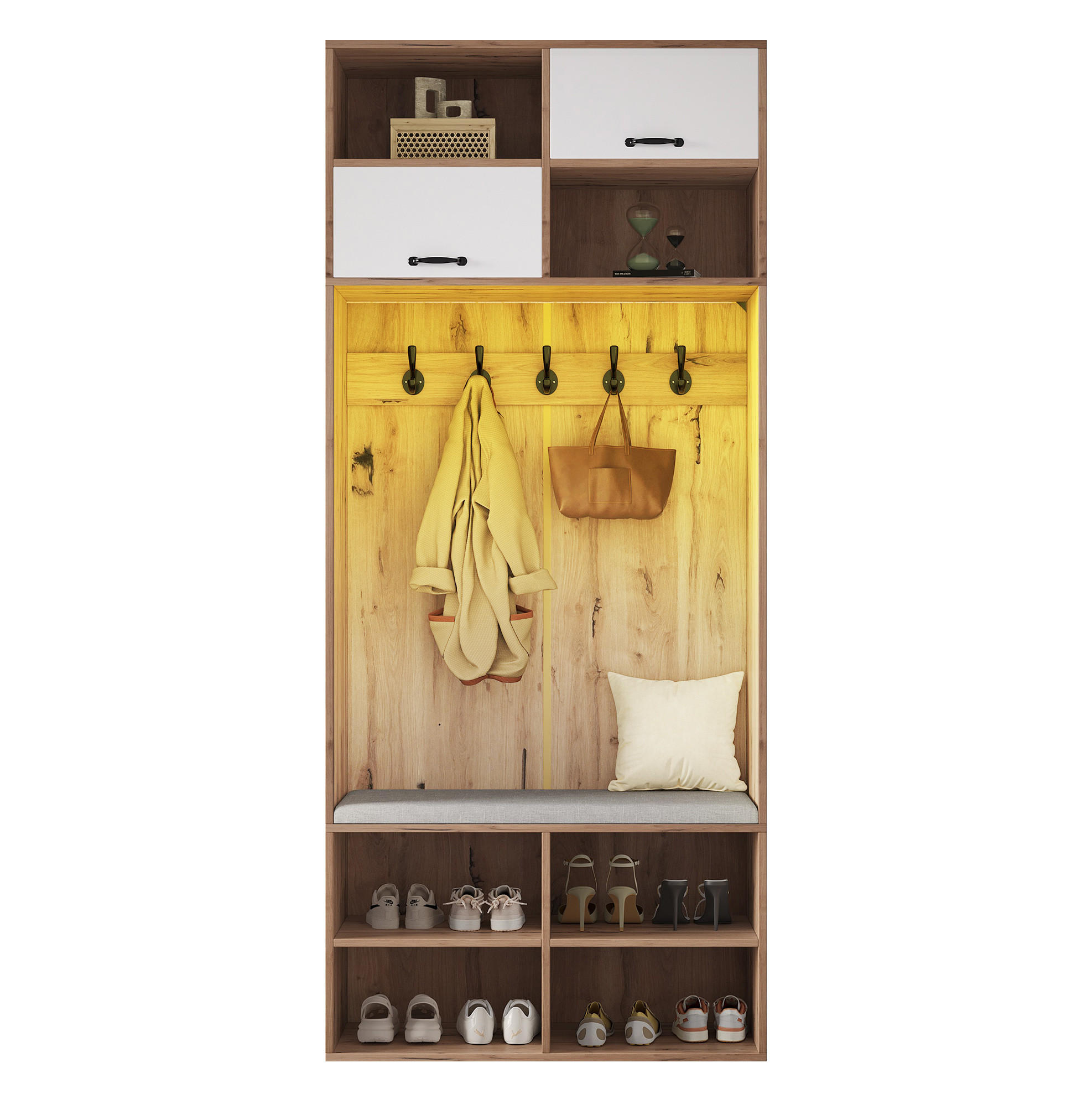 GARDEROBENSET 80/35/185 cm aus Spanplatte mit Sitzbank und LED-Beleuchtung Weiß/Naturfarben - Naturfarben, Holzwerkstoff (80/185/35cm) - Modenvie