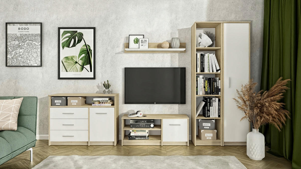 KOMMODE Bodo 1D3SO Sonoma Eiche-Weiß 98/35/75 cm - Weiß/Sonoma Eiche, Holzwerkstoff (98/75/35cm) - Matkam Möbel