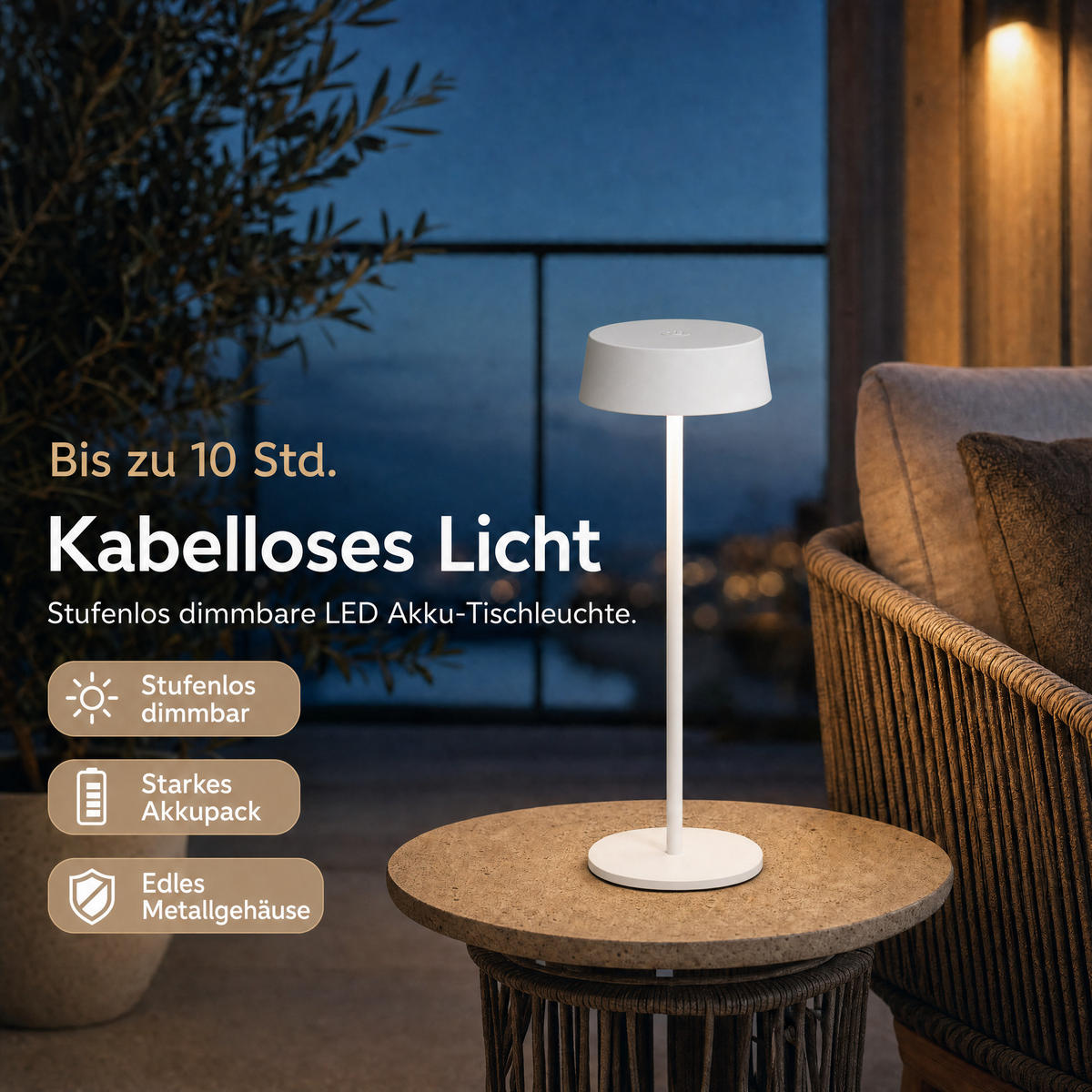 LED-TISCHLEUCHTE - dimmbar, kabellos, IP54, Metallgehäuse, für Innen- und Außenbereich, weiß, höhenverstellbar - Weiß, Metall (13.5/13.5/36cm) - Northpoint