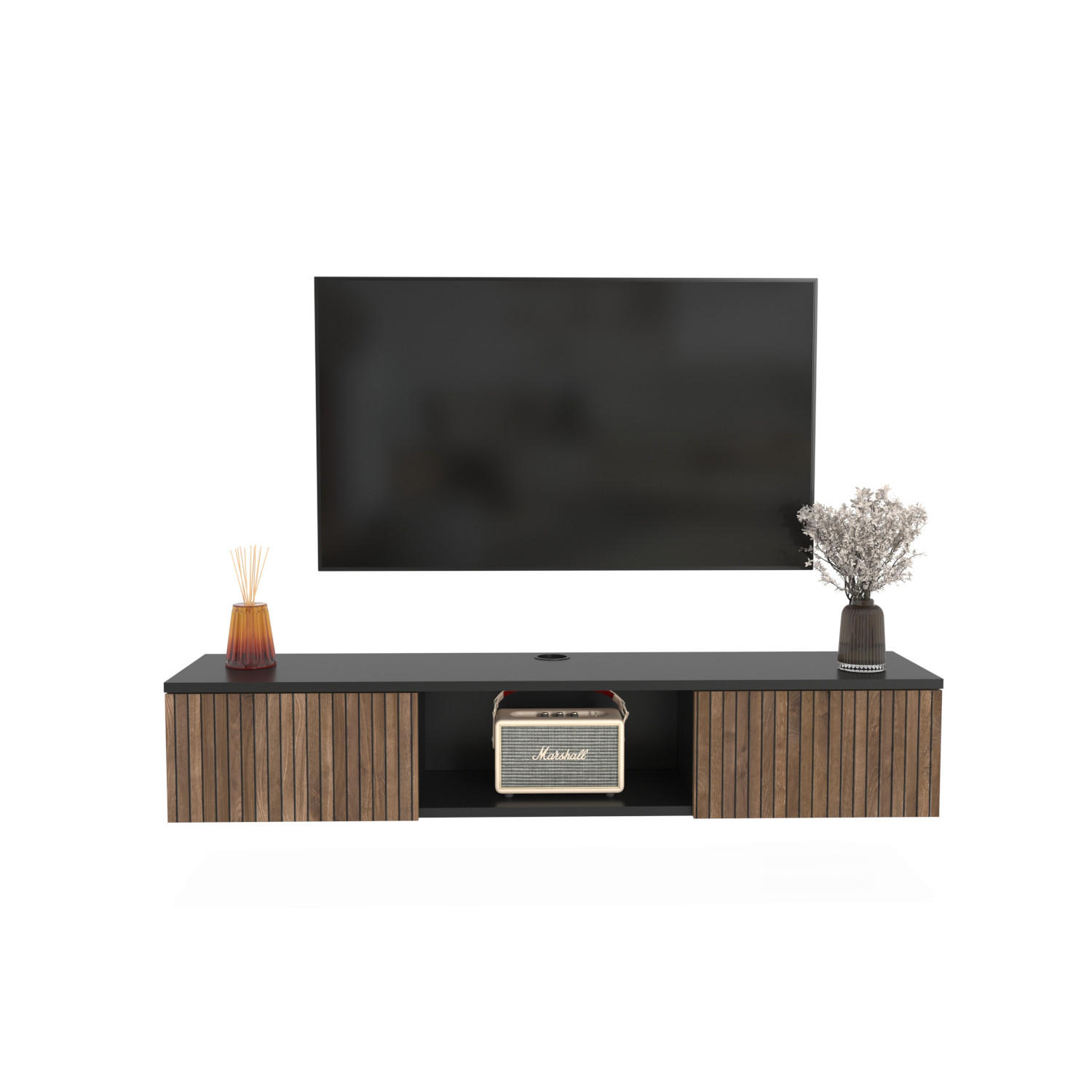 TV Unit Elia Schwarz Ohne Regal - Schwarz, Holzwerkstoff (32/25.6/140cm) - Decorotika