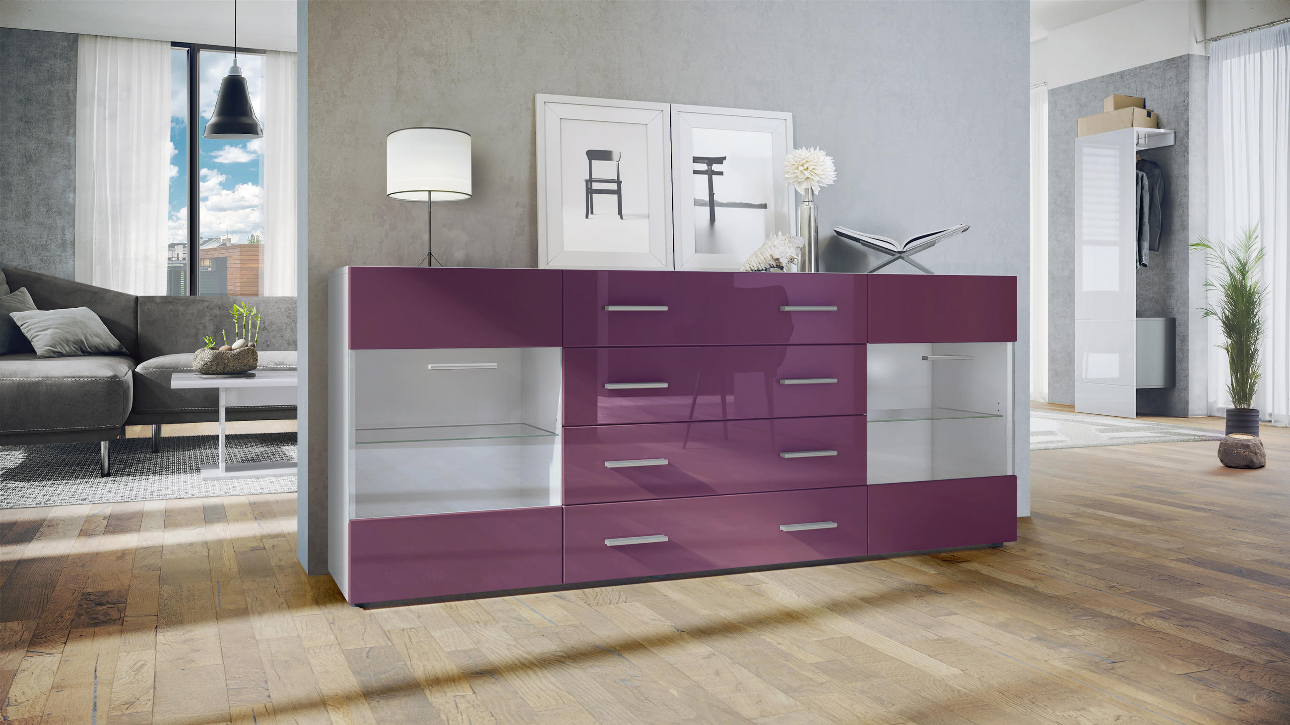 SIDEBOARD Carlos Brombeer Hochglanz - Brombeere, Holzwerkstoff (166/72/35cm) - Vladon