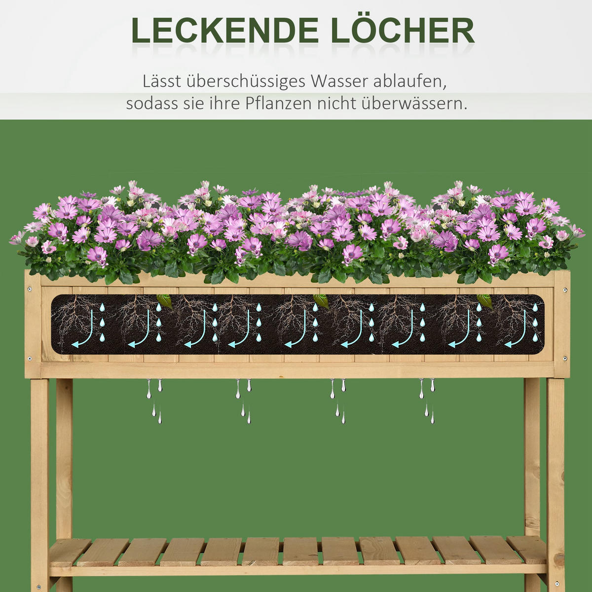 PFLANZTISCH Hochbeet Blumenkasten mit Abfluss Ablage, Tanne Massivholz, Natur - Fichtefarben, Holz (120/60/81cm) - Outsunny