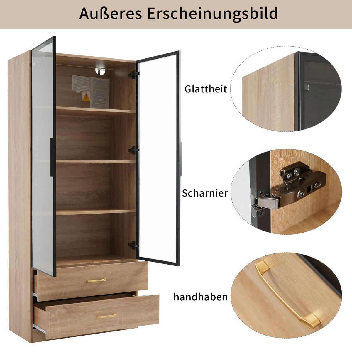 BADSCHRANK in Braun Highboard mit LED-Lichtleiste Glastür 2 große Schubladen 2 Türen , B75/T34.5/H170cm - Braun, Glas/Holzwerkstoff (75/170/34.5cm) - STILVORA