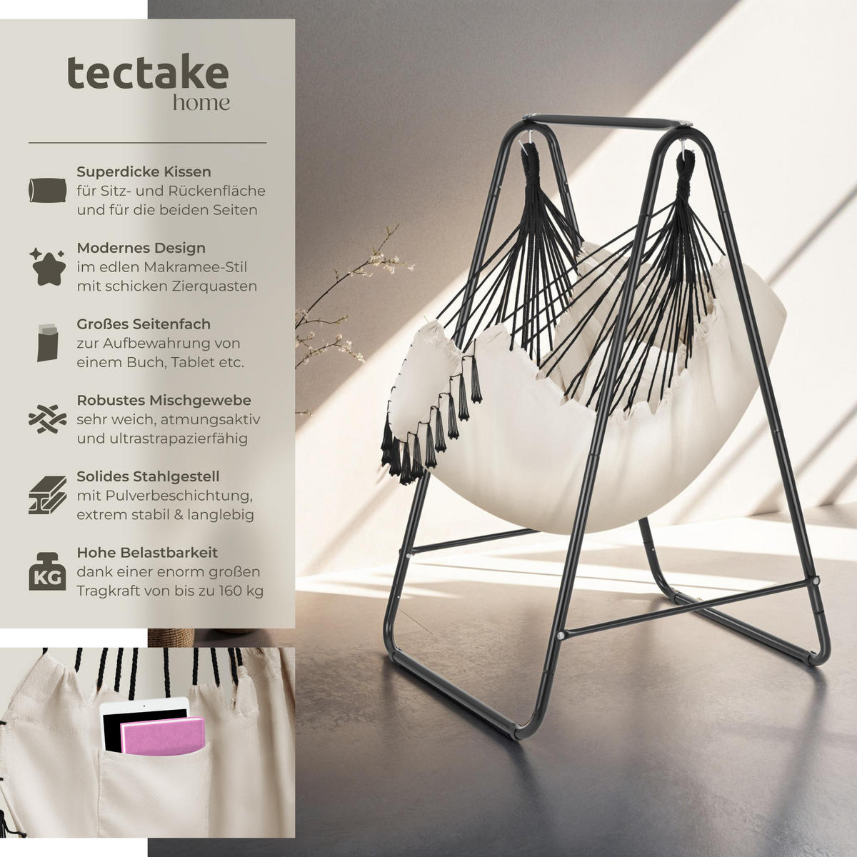 HÄNGESESSEL Alison,85 x 100 x 154,5 cm,beige - Beige, Naturmaterialien/Textil (85/154.5/100cm) - tectake