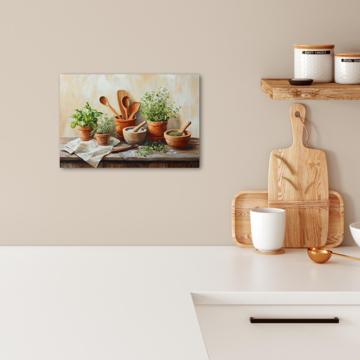 LEINWANDBILD Töpfe - Kräuter - Holz 30x20 cm - Terracotta, Textil (30/20cm) - MuchoWow