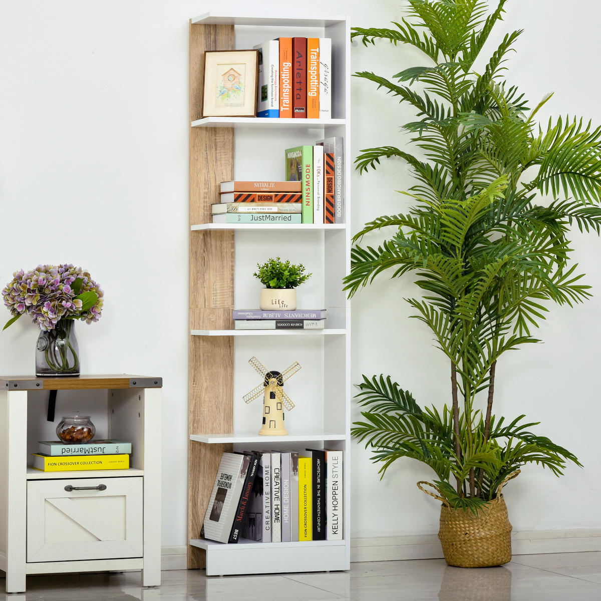 BÜCHERREGAL,SCHMAL 5-stöckig 45x21x170cm,eiche-weiß - Weiß, Holzwerkstoff (45/170/21cm) - Vallsero