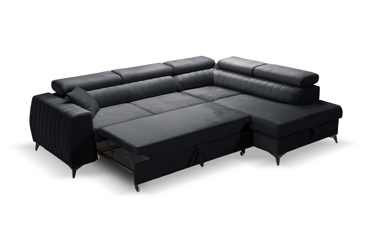 ECKSOFA PIERO L Rechts mit Schlaffunktion 195x125 Velours Dunkelgrau - Dunkelgrau/Schwarz, Holz/Textil (203/268cm) - Muffo