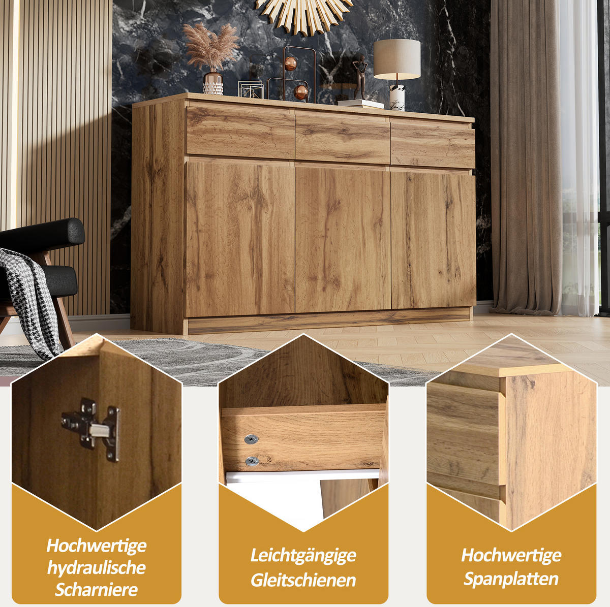 SIDEBOARD 135/40/81 cm aus Spanplatte mit 3 Türen und 3 Schubladen Holzfarben - Naturfarben, Holzwerkstoff (135/81/40cm) - Modenvie