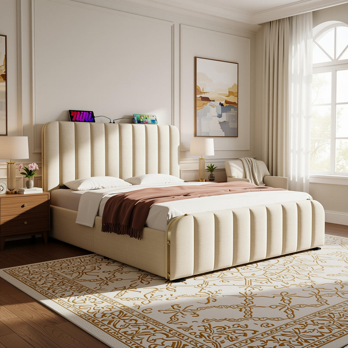 ČALOUNĚNÁ POSTEL 190x200 cm, lněná béžová, s USB typu C a hydraulickým úložným prostorem - béžová, textil - Urban Meuble