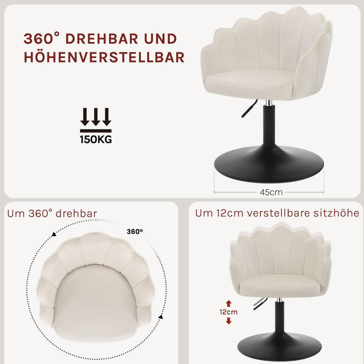 DREHSTUHL, Blumenform, Smt, Schminkstuhl, Creme - Creme/Schwarz, Textil/Metall (55/67/50cm) - Woltu