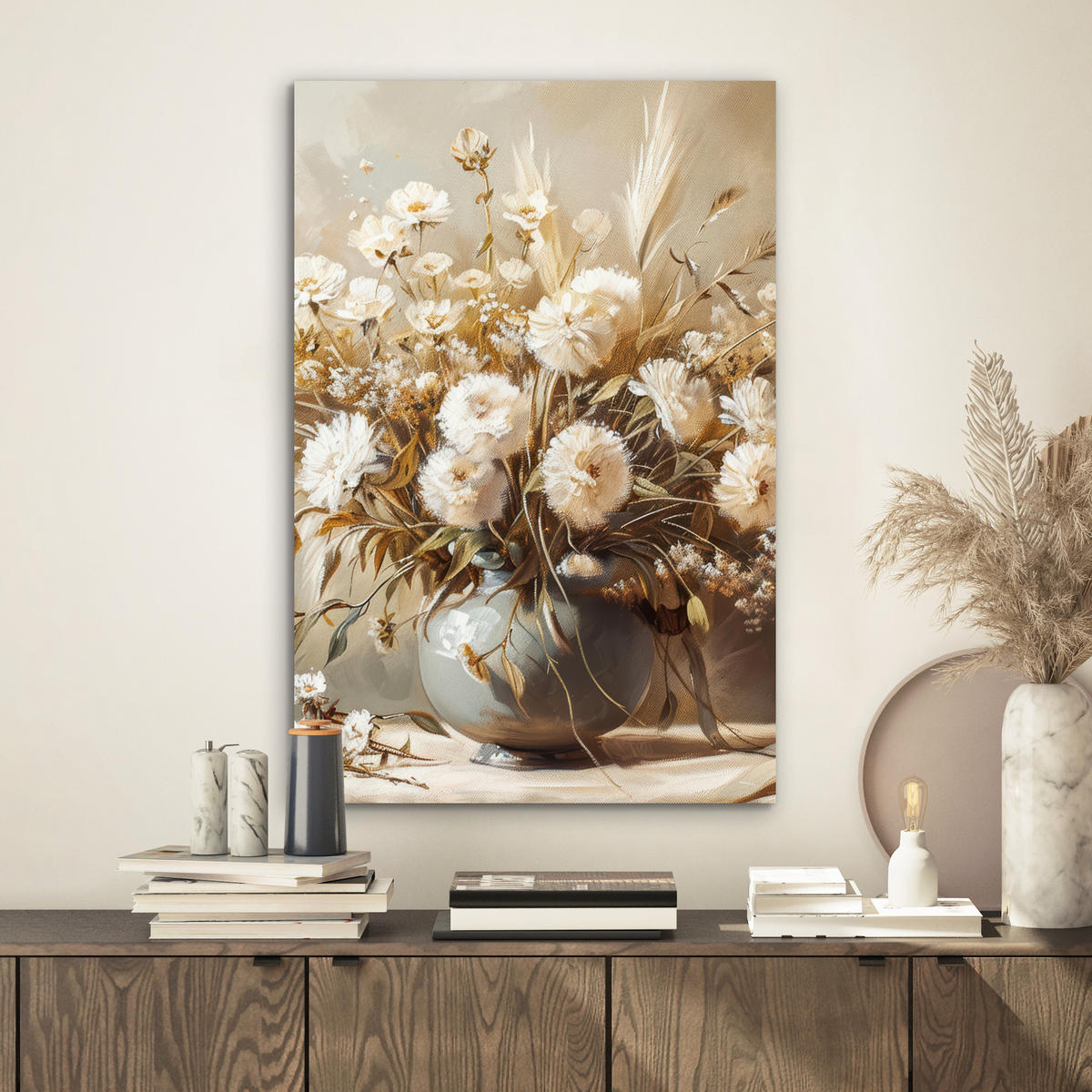 METALLBILD Blumen - Vase - Stilleben - Beige 40x60 cm - Creme, Metall (40/60cm) - MuchoWow