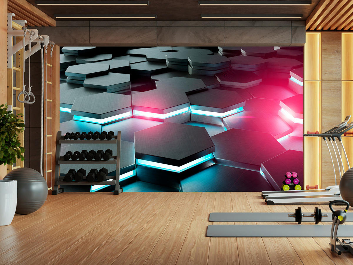 FOTOTAPETE für Büro Schwarz Hexagone Neon Rosa Blau Formen Geometrie 150x105 - Blau/Schwarz, Papier (150/105cm) - Muralo