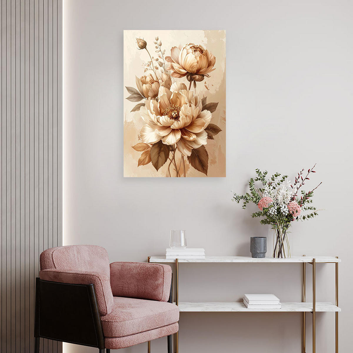 BILD auf Leinwand, Beigefarbene Blumen in einer rustikalen botanischen Komposition - Beige, Textil (80/120cm) - Feeby