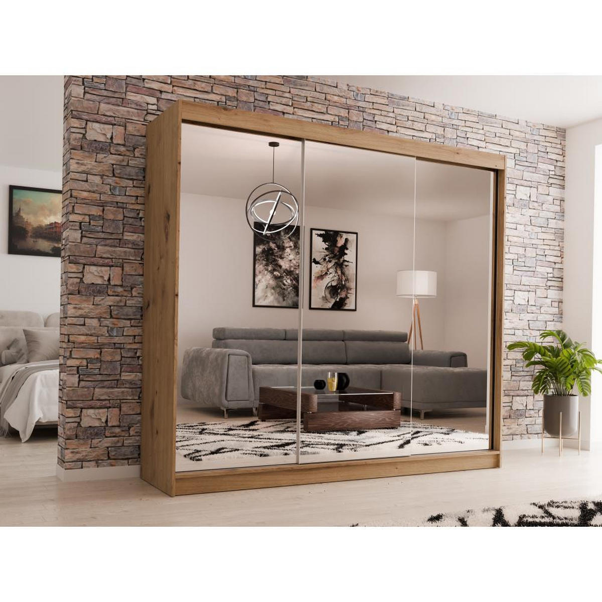 SCHWEBETÜRENSCHRANK Debra 240/216/61 eiche Artisan mit Spiegel und Schubladen - Eiche Artisan, Holzwerkstoff (240/216/61cm) - Beautysofa