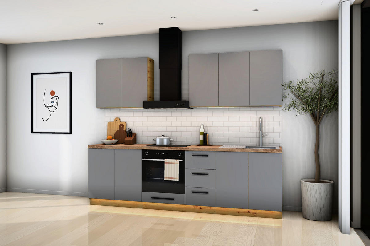 KÜCHENZEILE Nexa Grau – 260 cm – K97-G260 - Schwarz/Grau, Holzwerkstoff/Metall (260/212/52cm) - ROYAL24_MARKT