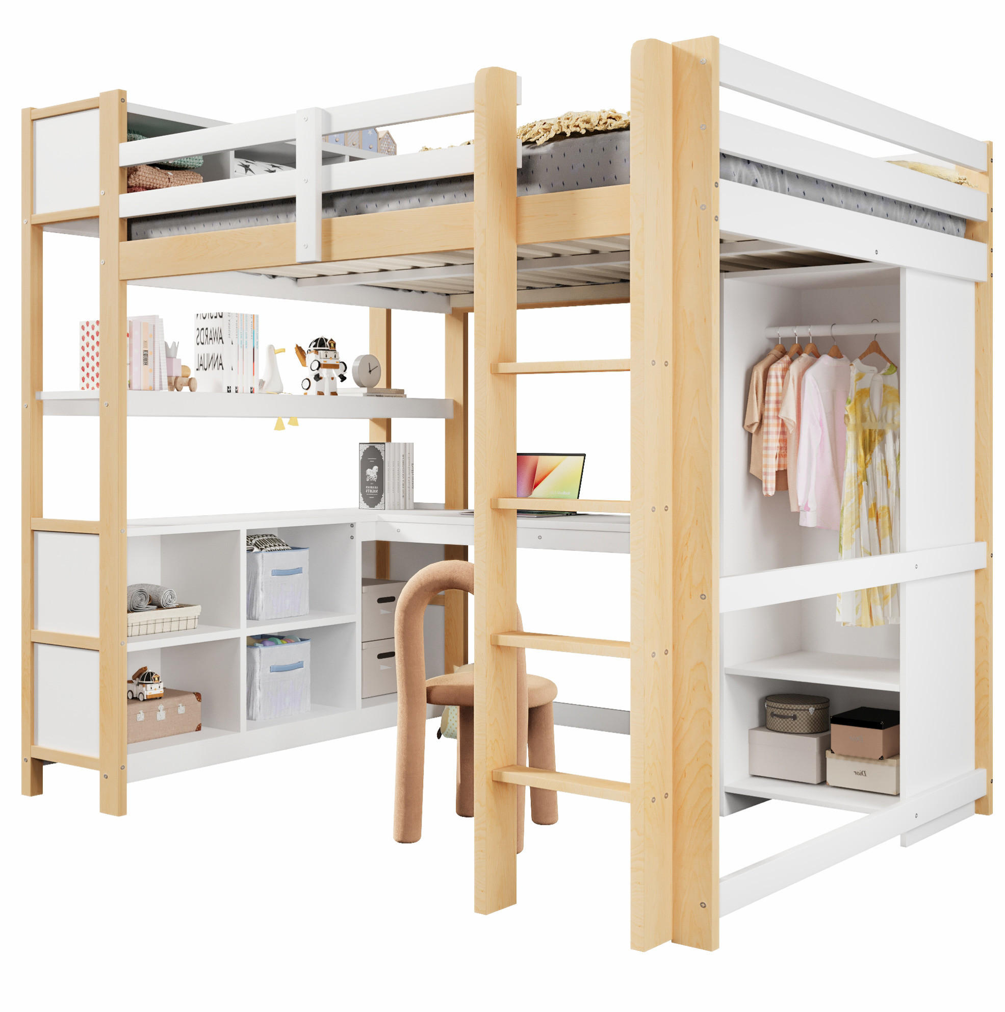 HOCHBETT 140/200 cm mit Schreibtisch, Regalen und Kleiderschrank aus Kiefern, Natur/Weiß - Weiß, Holzwerkstoff (140/200cm) - Redom