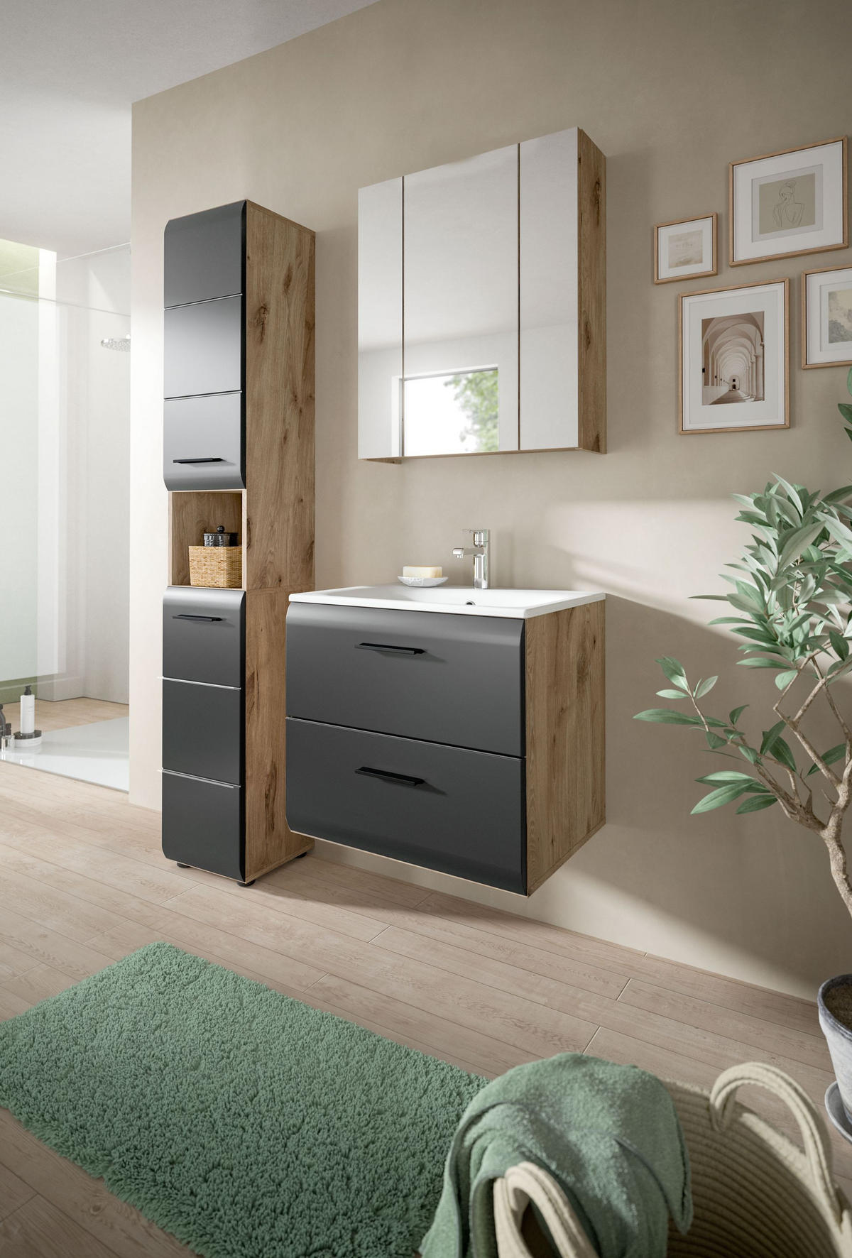 BADEZIMMER Alba 4-tlg. (B/H/T: ca. 105/185/46 cm) in Nox Oak /schwarz matt - Eichefarben, Holz (105/185/46cm)