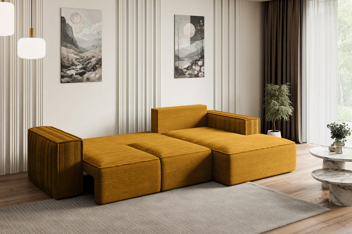 ECKSOFA mit Schlaffunktion und Bettkasten SERRA-L-S - 266x161x87 cm Senfgelb Cord - Currygelb/Schwarz, Holzwerkstoff/Kunststoff (266/161cm) - ALTDECOR