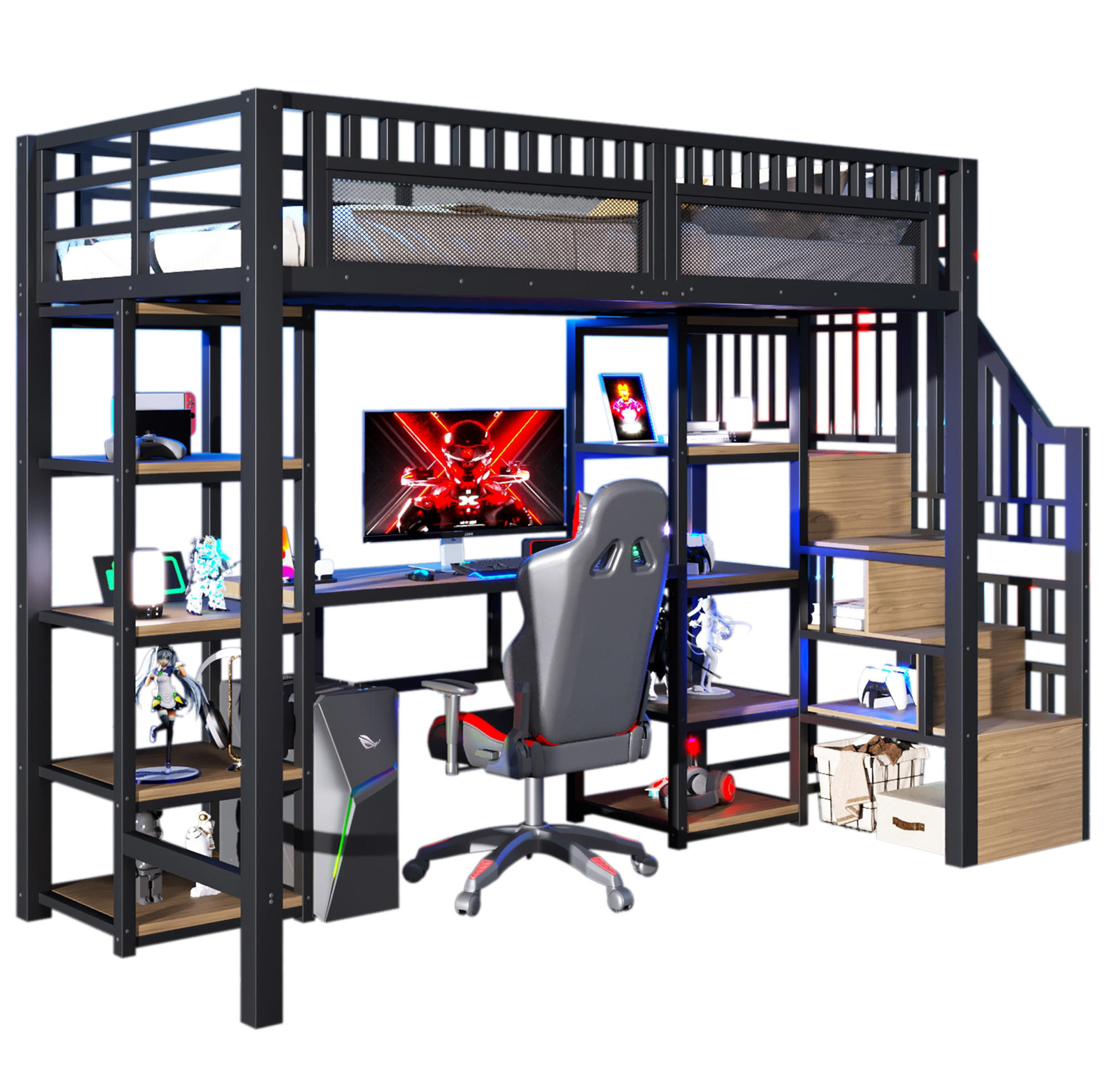 Modfu PATROVÁ postel z kovu a MDF 90x200 cm černá s psacím stolem, LED osvětlením, USB portem a úložným prostorem