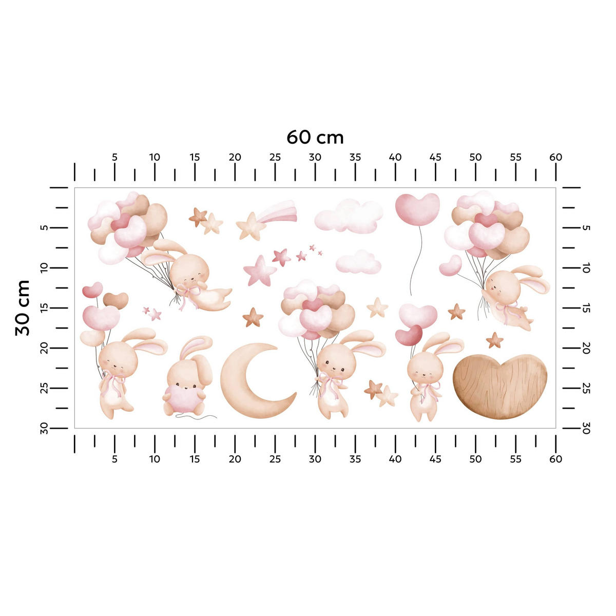 STICKER SET für Kinder Kaninchen Herzen Ballons Sterne 60x30 - Beige/Rosa, Papier (60/30/1cm) - Muralo