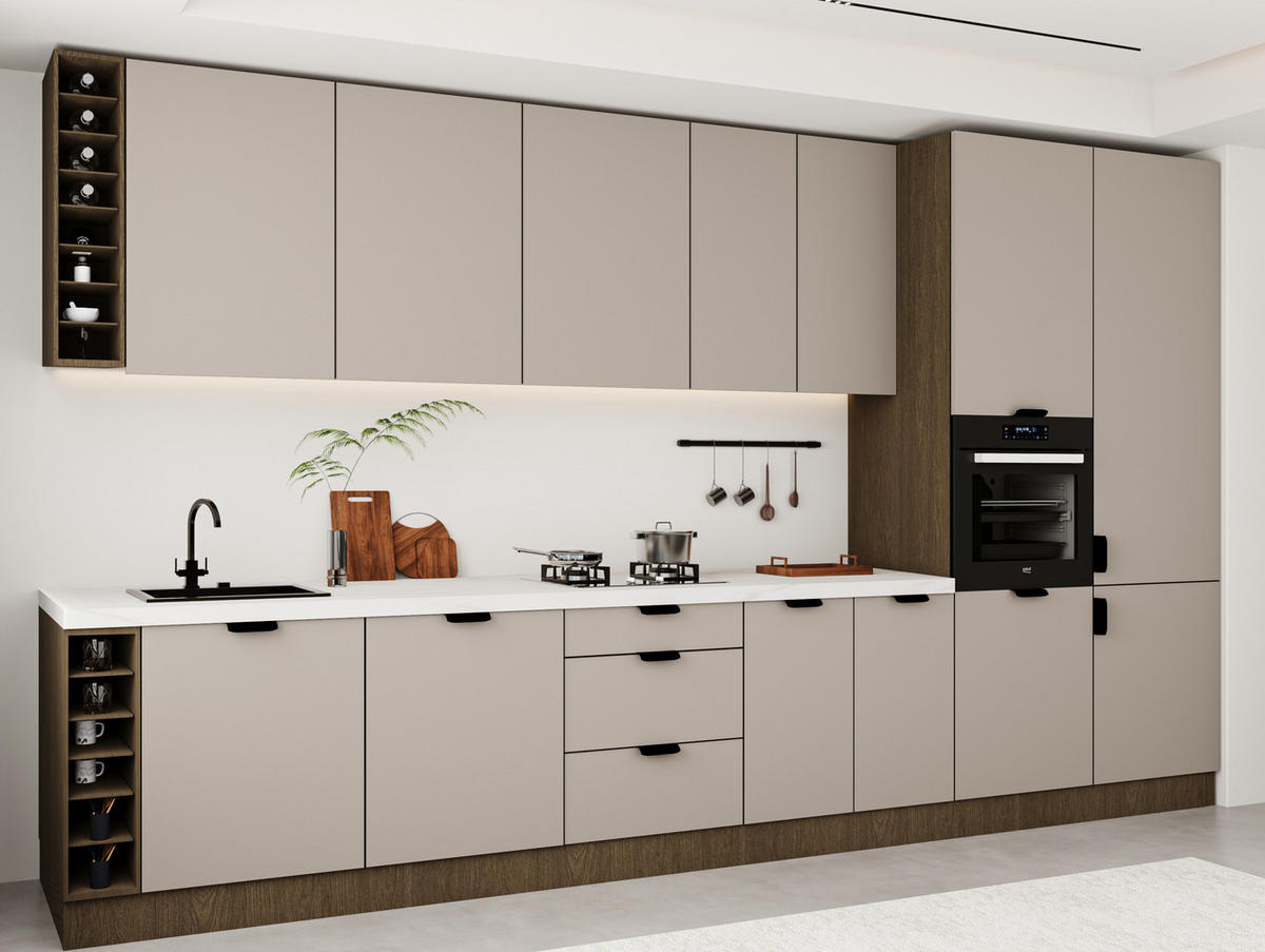 KÜCHENZEILE 395 cm - Sorento KS10-M395 - in Beige / Dunkle Eiche - Eichefarben/Beige, Holz/Metall (395/247/58cm)