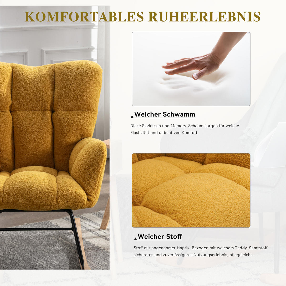 SCHAUKELSTUHL Teddy-Stoff mit hohem Rücken und Filzschutz 80/70/95 cm Gelb - Gelb, Textil (70/95/80cm) - Redom