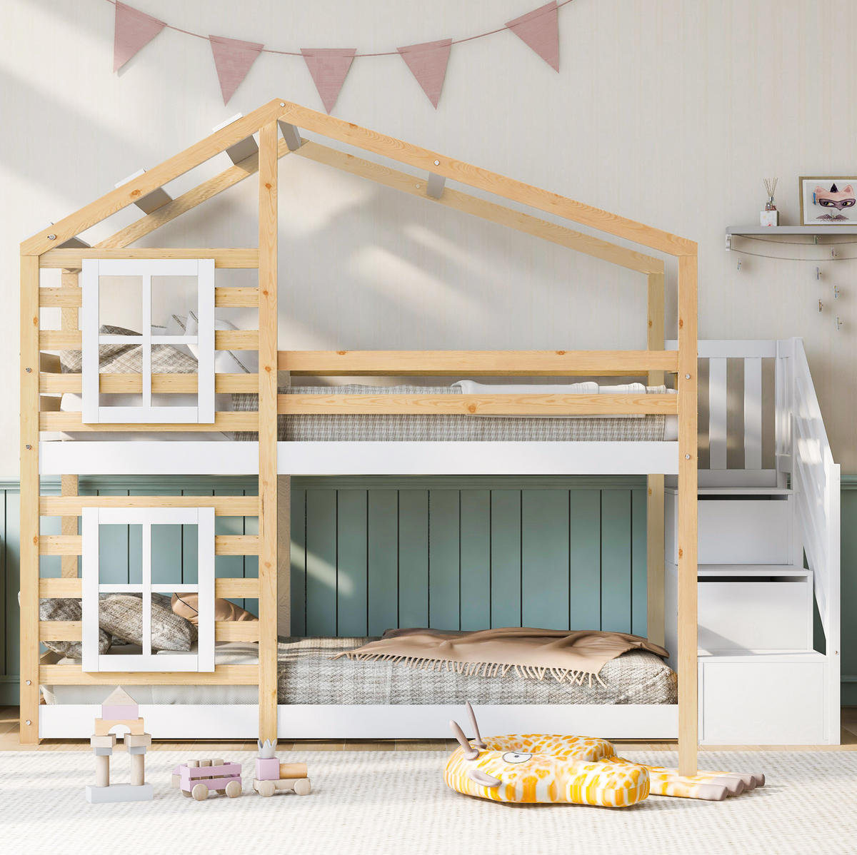 ETAGENBETT aus Kiefer-Massivholz und MDF 90x200 cm in Natur & Weiß mit Stauraum - Weiß, Holzwerkstoff (90/200cm) - Modfu