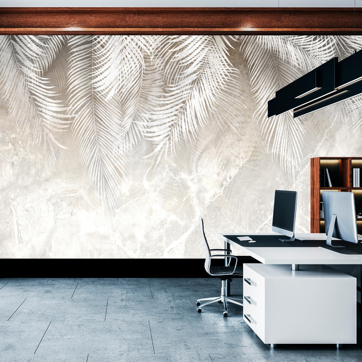 FOTOTAPETE für Schlafzimmer Vintage Palmenblätter auf Marmor Beige 500x350 - Weiß/Grau, Papier (500/350cm) - Muralo