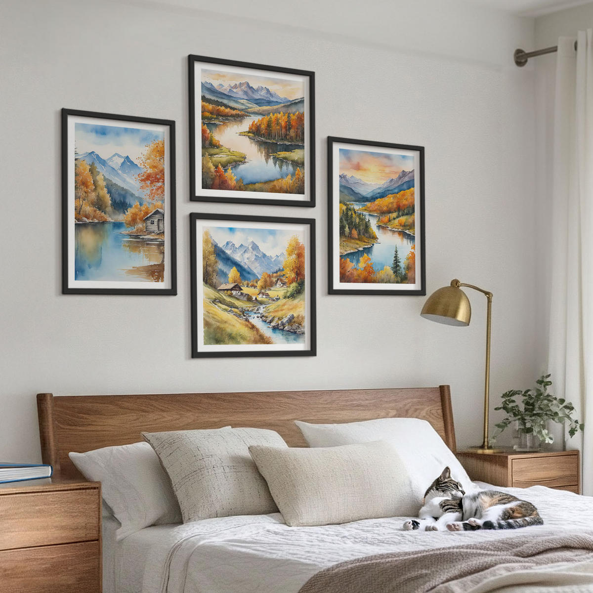 WANDBILDER 4er-Set - 50x50 cm & 40x60 cm Schwarzer Rahmen - Herbstliche Berge, Flusshütte - Schwarz, Kunststoff (50/50cm) - ArtPrintCave