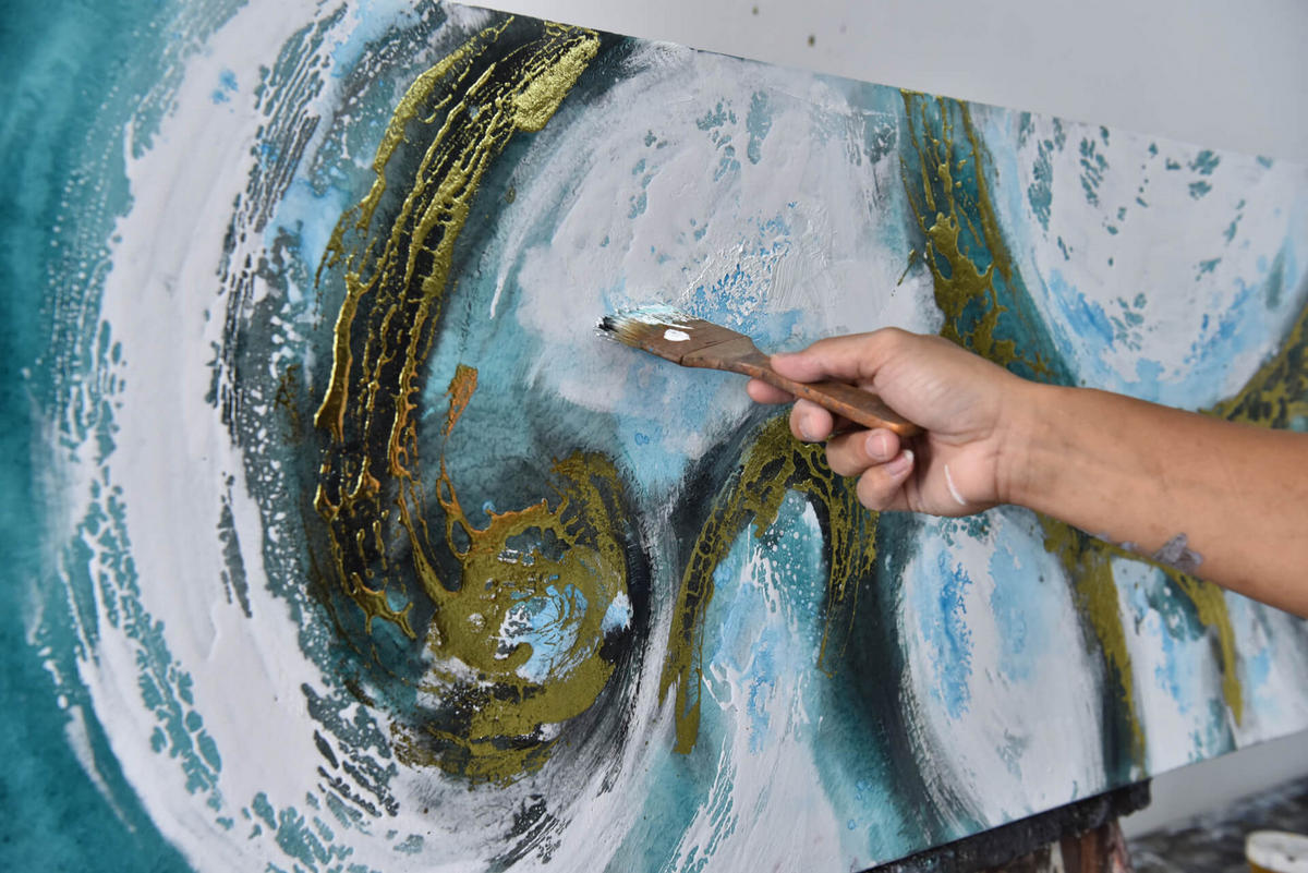 ÖLGEMÄLDE 150/50 cm - Türkis/Weiß, Holz/Textil (1.9/50cm) - KUNSTLOFT