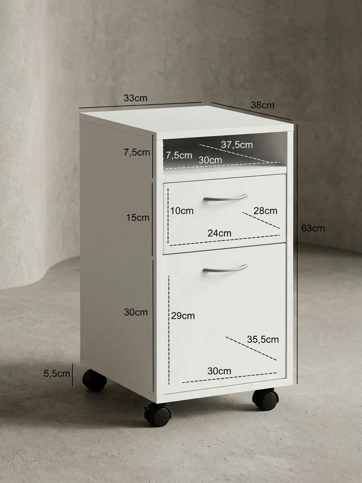 ROLLCONTAINER – Weiß, Schreibtischcontainer, viel Stauraum, Rollen, modern - Schwarz/Weiß, Holz/Kunststoff (33/63/38cm) - KADIMA DESIGN