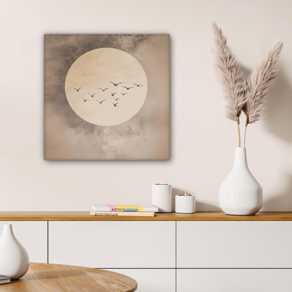 LEINWANDBILD Vogel - Beige - Japanisch Wandbild Wohnzimmer 50x50 cm - Taupe, Textil (50/50cm) - MuchoWow