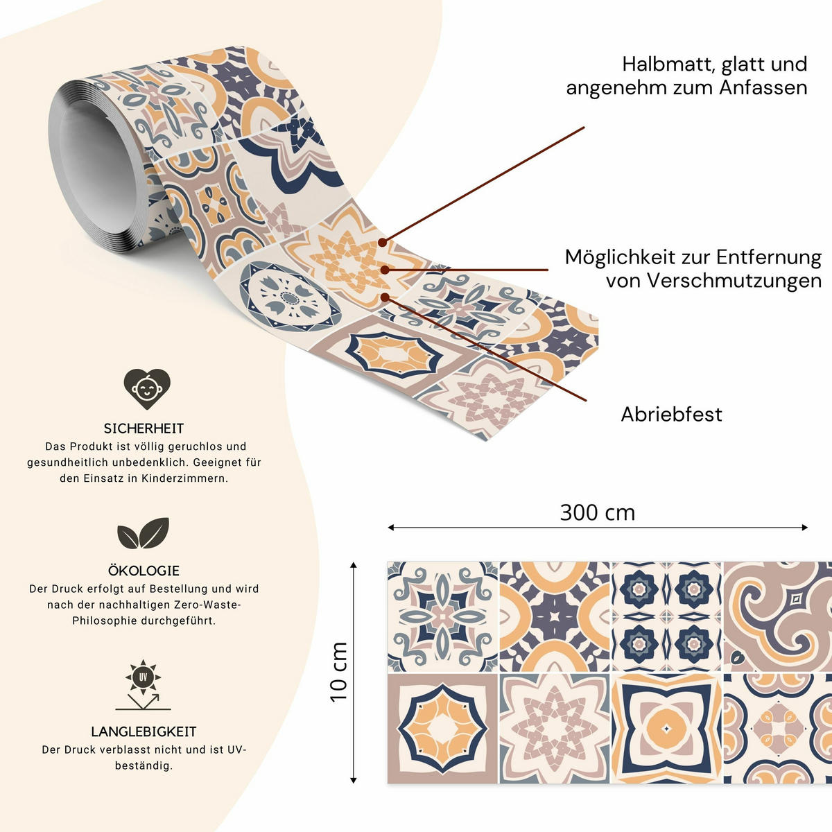 TAPETENBORDÜRE selbstklebend Marokkanische FLIESEN Ornamente Mosaik - Blau/Beige, Papier (10/300/300cm) - Muralo