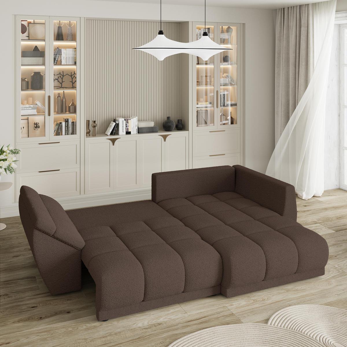 ECKSOFA ORENTI R-S Braun Boucle-Stoff mit Schlaffunktion - Braun, Holz (287/182cm) - MASSENO