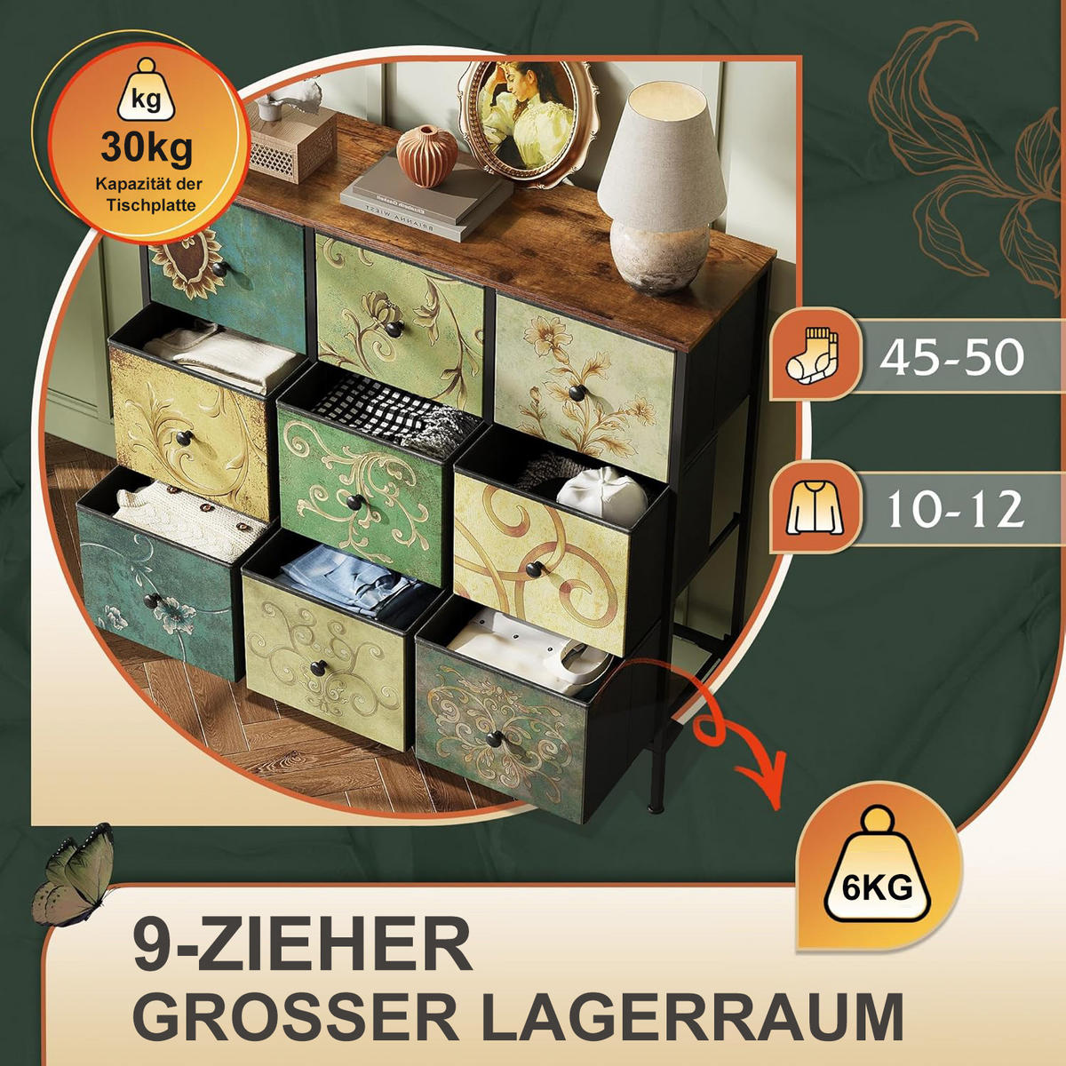 KOMMODE mit 9 Stoffschubladen, Sideboard für Küche, Büro & Flur - Multicolor, Holz (30/86.5/100cm)