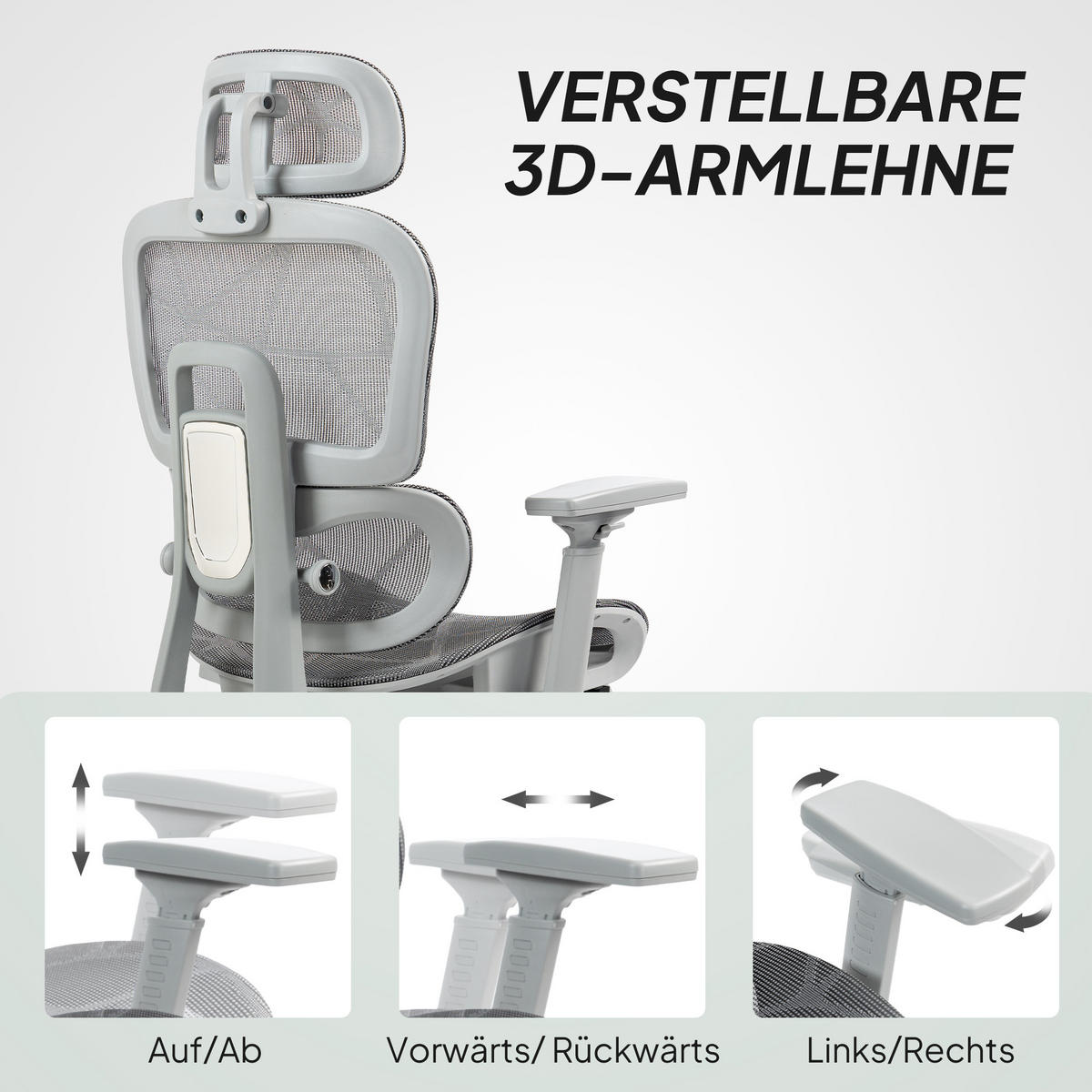 BÜROSTUHL, Ergonomischer Schreibtischstuhl mit Netzstoffbezug, verstellbar, rollbar, mit Armlehnen, Kopfstütze, Grau - Grau, Textil (64/122/66cm)