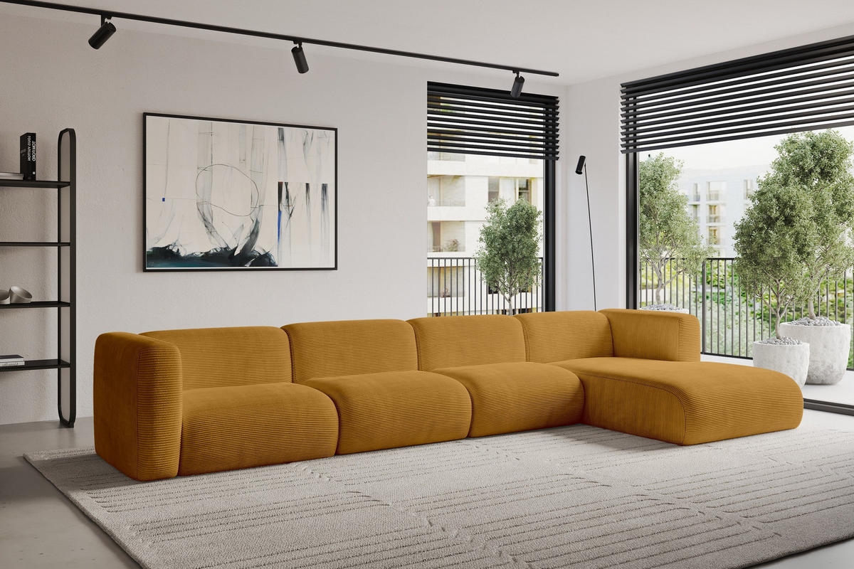 ECKSOFA Ottomane Rechts MIRA-L3 409x179x70 Senfgelb Cord - Currygelb/Schwarz, Holzwerkstoff/Kunststoff (409/179cm) - ALTDECOR