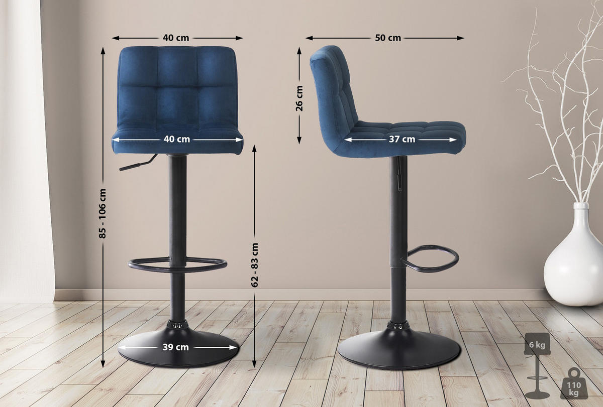 BARHOCKER 4er Set Fenai Samt blau - Blau/Schwarz, Textil/Metall (40/106/40cm) - TPFLiving
