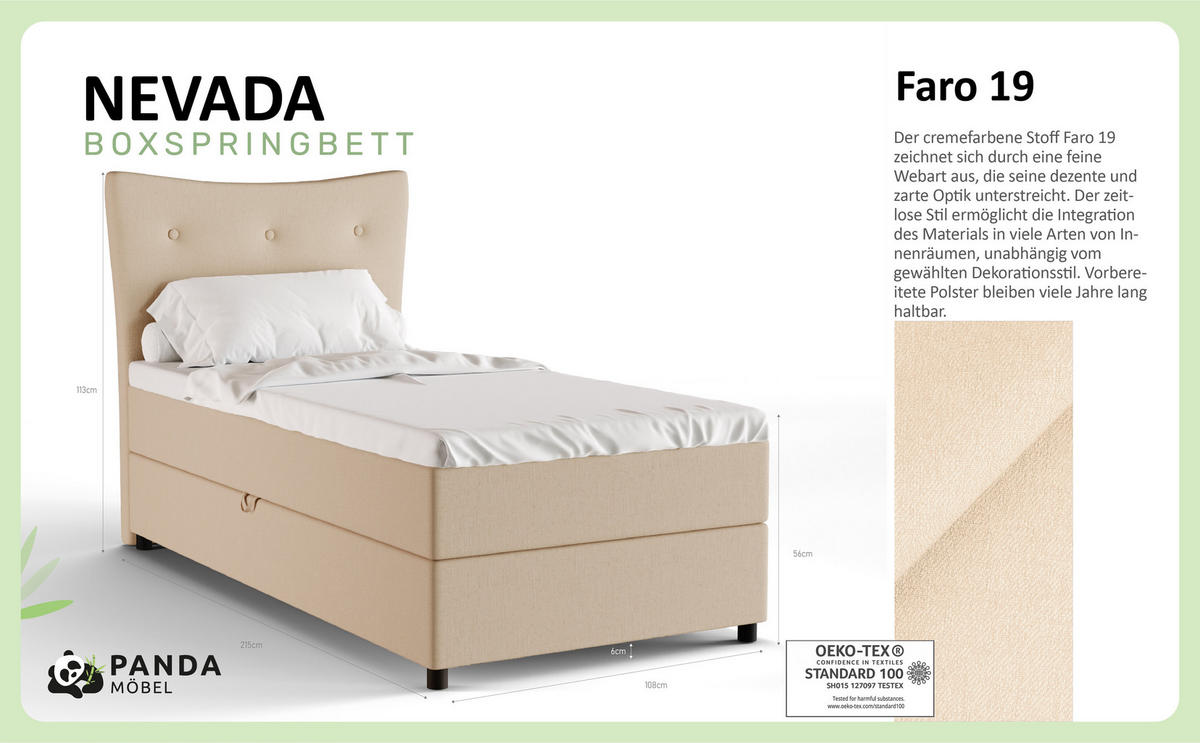 BOXBETT Nevada 100x200 cm Polsterbett mit hochwertiger Bonell-Matratze und Topper - beige - Beige, Holz (100/200cm) - Panda Möbel