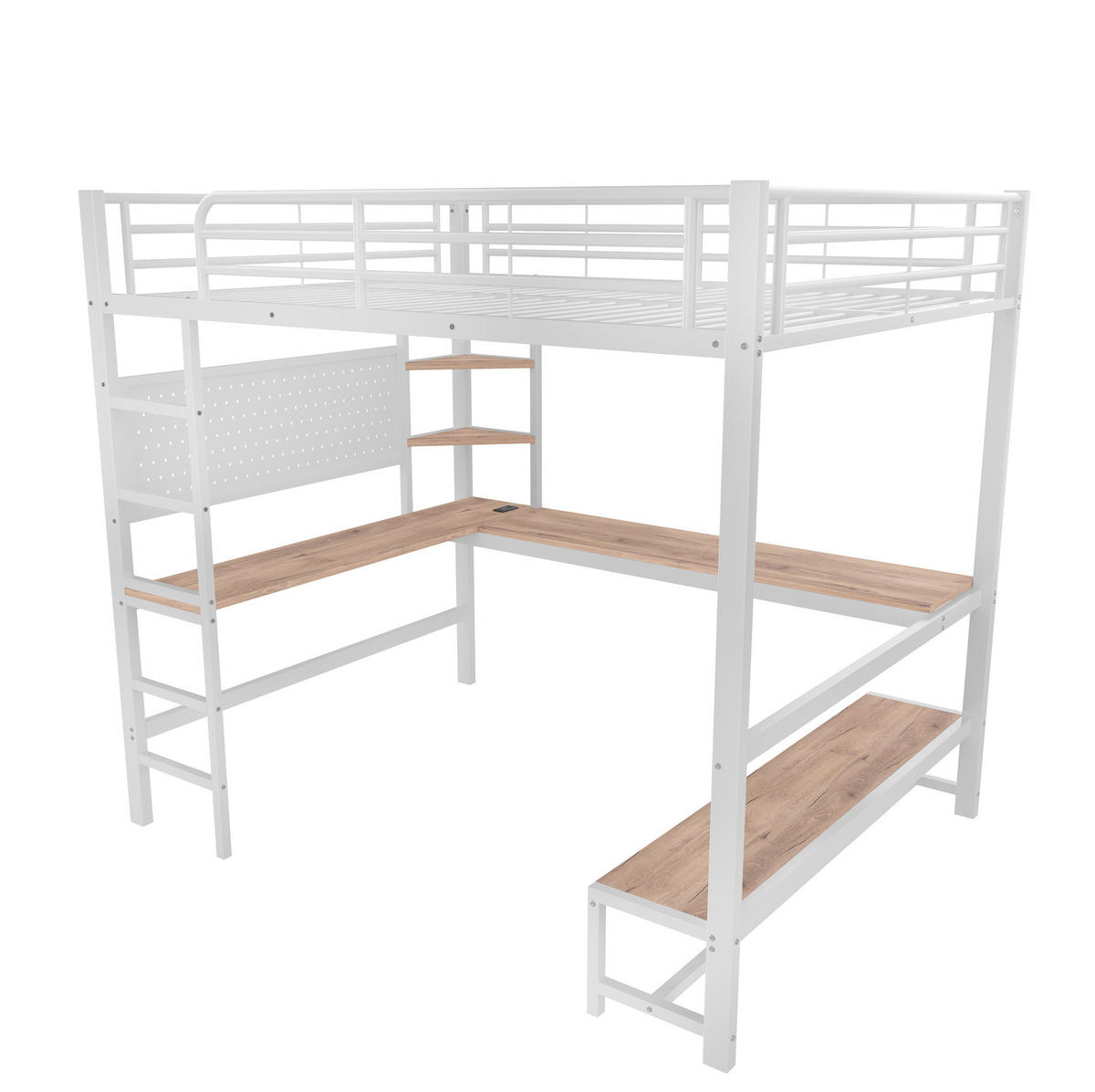 HOCHBETT 140/200 cm aus Metall mit Schreibtisch, LED-Leiste und USB-Typ-C-Anschluss Weiß - Weiß, Metall (140/200cm) - Modenvie