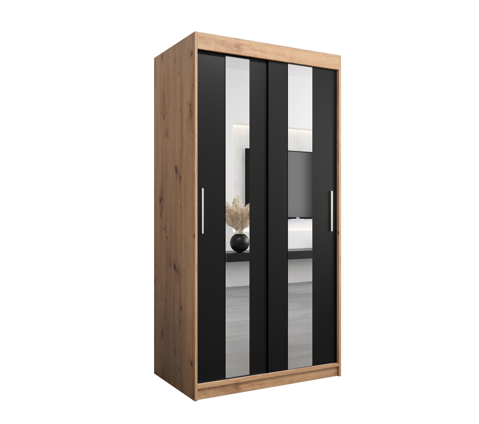 Abiks Möbel Schwebetürenschrank Eiche Artisan, Schwarz 100x200x62 cm