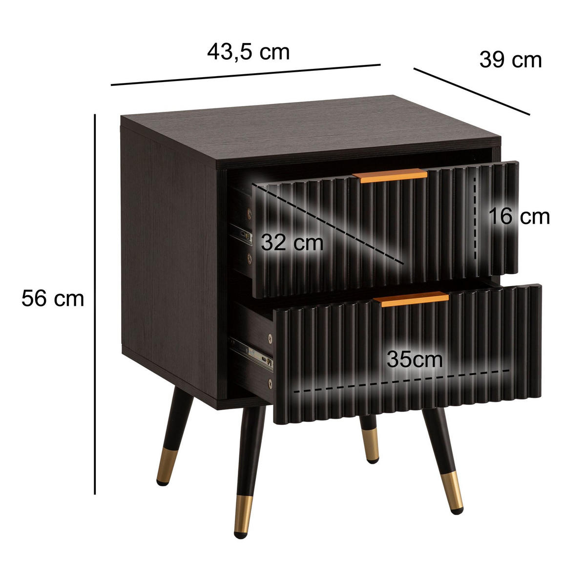 NACHTTISCH – Schwarz/Eiche-Dekor, 43,5x39x56 cm, mit Schubladen, modern - Goldfarben/Schwarz, Holzwerkstoff/Metall (44/56/39cm) - KADIMA DESIGN