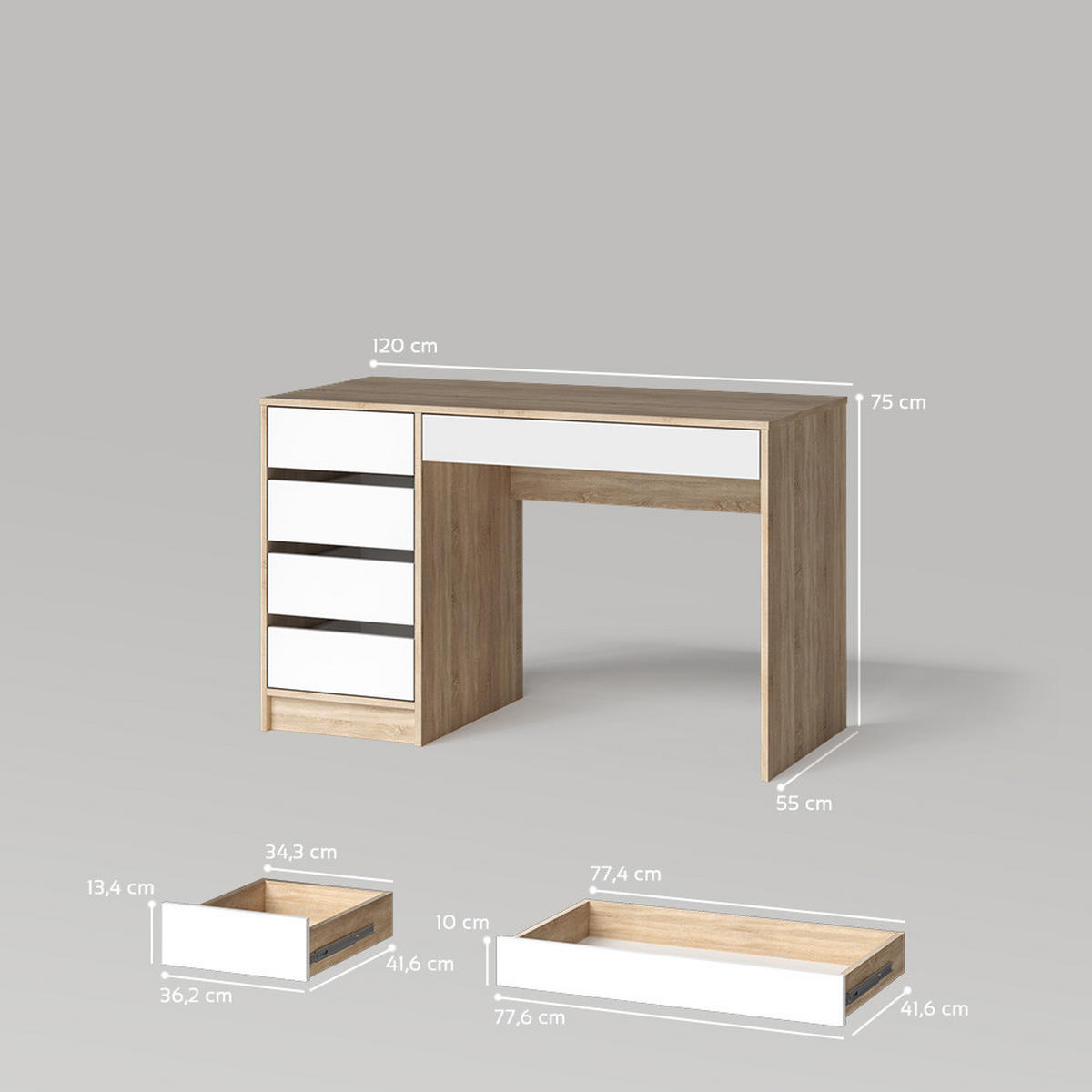SCHMINKTISCH Imola Weiß/Sonoma 120 cm - Weiß/Sonoma Eiche, Holzwerkstoff (55/120/75cm) - Livinity®