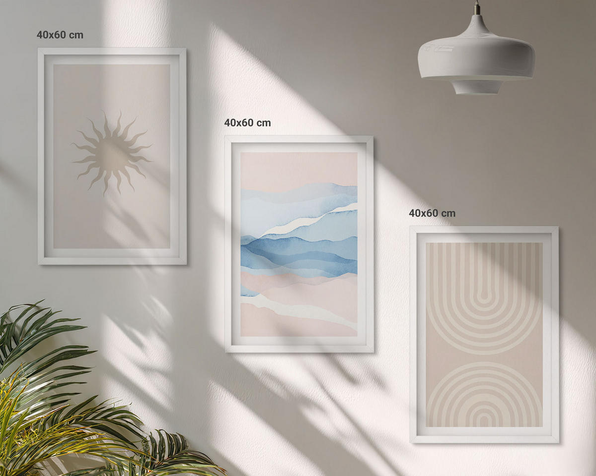 WANDBILDER 3er-Set - 40x60 cm Weißer Rahmen - Sonnenwellen abstrakte Linien Pastell - Weiß, Kunststoff (40/60cm) - ArtPrintCave