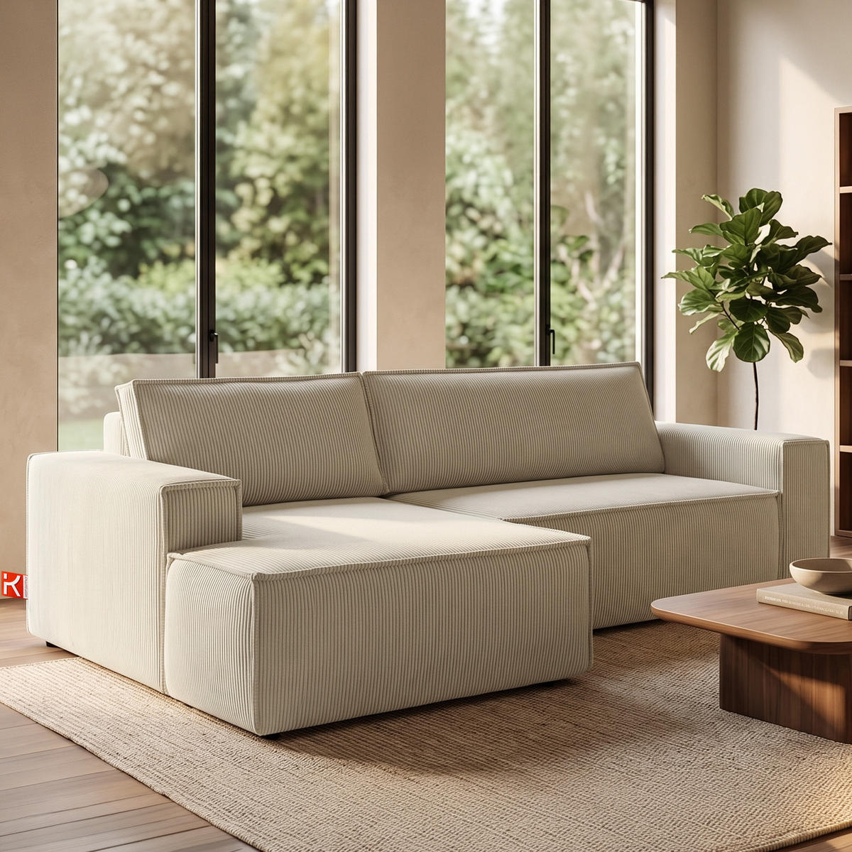 ECKSCHLAFSOFA-LINKS NAPI in Pet Friendly Cord-Stoff, cremefarben - Creme/Schwarz, Textil (262/148cm) - KONSIMO®