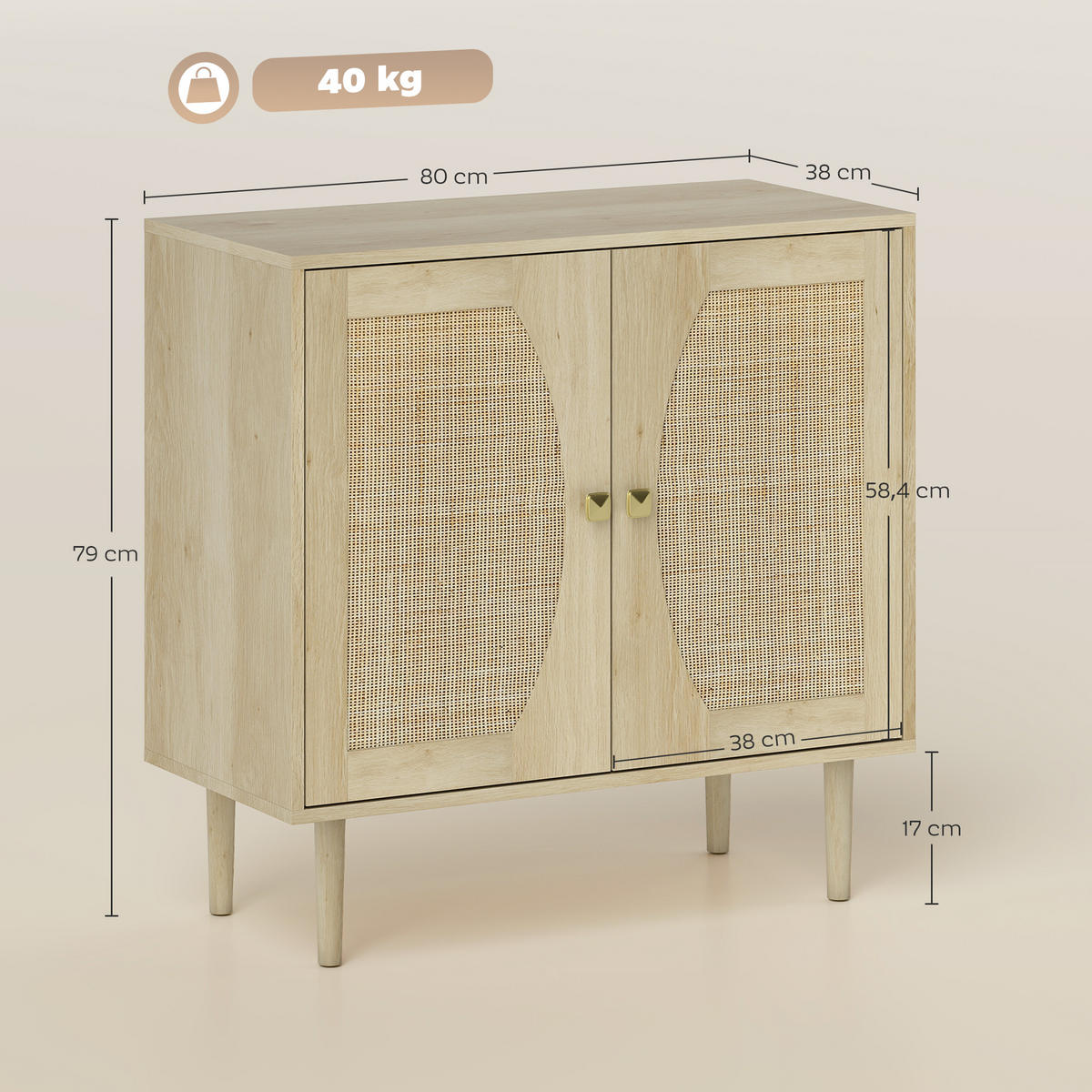 SIDEBOARD DE-11247 2 Türen mit Rattan-Front Naturholz - Naturfarben, Holzwerkstoff (80/79/38cm) - ComfortXL