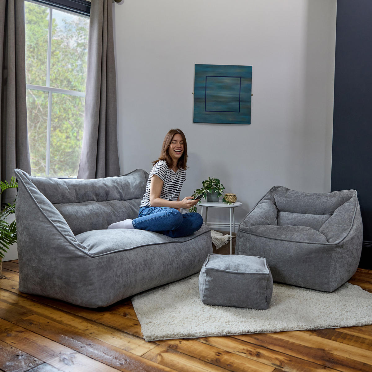 SITZSACK-SET 3 tlg, Sofa Chenille Cecilia, Sitzsack Sessel mit Hocker - Grau, Kunststoff/Textil (160/70/93cm) - icon