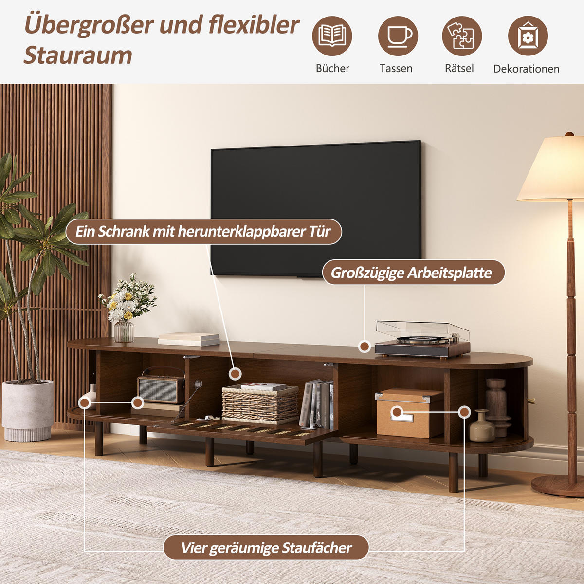 TV-LOWBOARD 180x40x40 cm Nussbaum Rattan 1 Tür MDF Oval - Walnussfarben, Holzwerkstoff (40/40/180cm) - FLIEKS