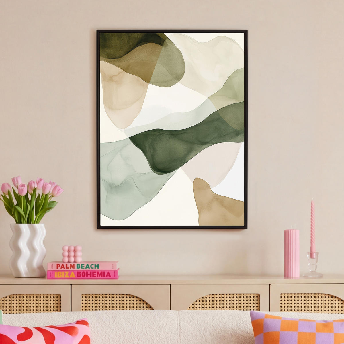 LEINWAND Bilder mit Rahmen - Japandi - Abstrakt - Grün - 70x100 - Salbeigrün, Textil (70/100cm) - MuchoWow