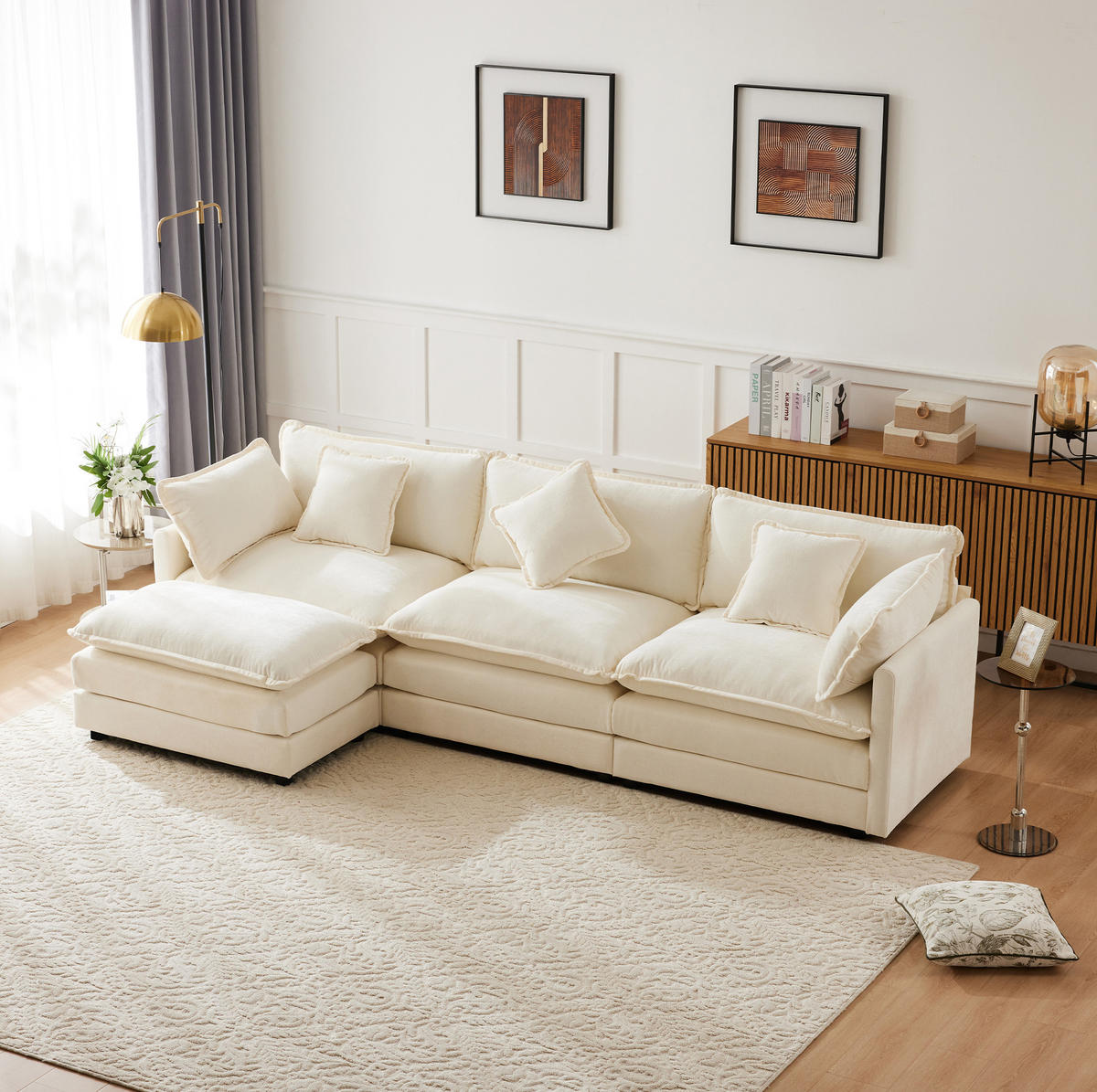ECKSOFA 283/147/84 cm Beige aus Chenille mit Hocker - Beige, Textil (147/283cm) - OKWISH